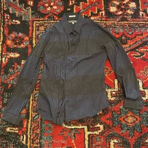 Men’s Express Large Black, Dark Grey, and Blue Stripped/Checked Dress Shirt